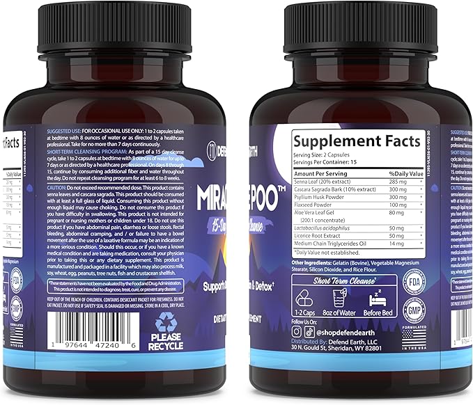 15 Day Gut Cleanse, Miracle Poo Colon Cleanse Capsules for Detox & Digestive Health Support with Psyllium Husk, Senna, & Cascara Sagrada, Non-GMO, 30 Capsules