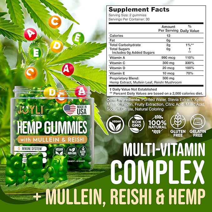 2 Pack - JOYLI Hemp Gummies for Lung Cleanse – Sugar-Free Vegan Gummies with Mullein Leaf, Reishi Mushroom, & Multivitamins – Natural Lung Support Supplement – 60 Gummies per Pack