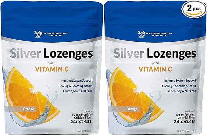 Silver Lozenges with Vitamin C - Premium Nano Silver 60 PPM Colloidal Silver, Organic Honey and Vitamin C Mineral Supplement Drops to Support Immune System, Soothe Cough & Throat - Pack of 2-VitarraWellness