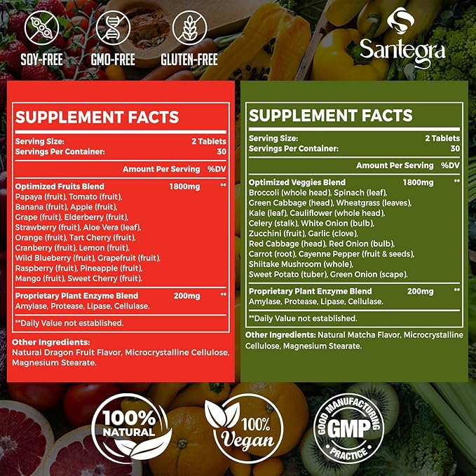 2000 MG Fruits and Vegetables Supplements, Natural Balance Over 35+ Fruits and Vegetables, 100% Whole Food Superfoods Fruit and Veggies Supplement, Energy Balance, Sugar-Free, Vegan, 120 Tablets