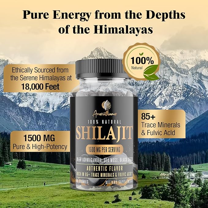 1500MG Shilajit Gummies for Men & Women, Shilajit Pure Himalayan Organic, with Ashwagandha, Sea Moss, Black Seed, Rich in Fulvic Acid, 85+ Trace Minerals, Authentic Flavor, 100% Natural, 60 Gummies