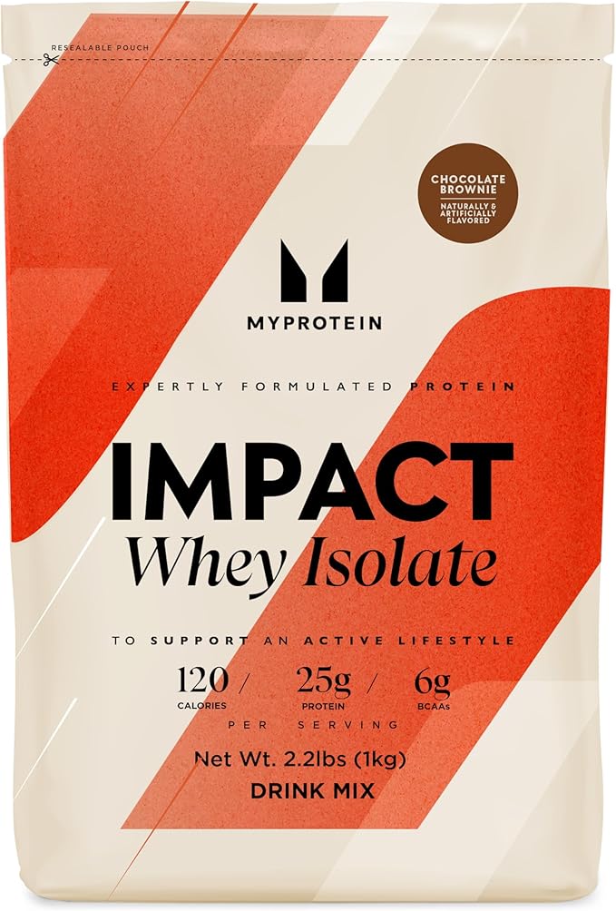 Myprotein Impact Whey Protein Isolate, 2.2 Lbs (30 Servings) Chocolate Brownie, 25g Protein & 6g BCAA Per Serving, Gluten-Free, Protein Shake for Muscle Strength & Recovery