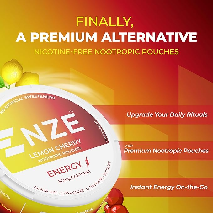NZE Caffeine Nootropic Pouches (Lemon Cherry) - Nootropic Energy Pouches with 50mg Caffeine, Alpha GPC, L-Tyrosine & L-Theanine No Sugar or Artificial Sweeteners - 15 Nicotine Free Pouches A Can