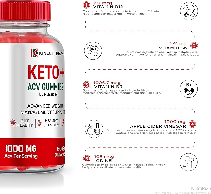 (3 Pack) Kinect Peak Keto ACV Gummies, KinectPeak Keto + ACV Supplement, All Natural Keto Plus Apple Cider Vinegar, Premium 1000MG Formula Plus Vitamins, Official Gomitas Reviews (180 Gummies)