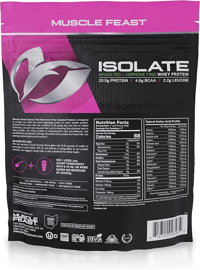Muscle Feast Grass-Fed Whey Protein Isolate, All Natural Hormone Free Pasture Raised, Strawberry Cheesecake, 2lb
