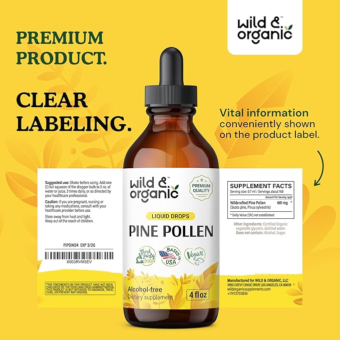 Wild & Organic Pine Pollen Tincture - Pine Pollen Powder Liquid Drops for Men & Women - Vegan, Alcohol Free Pine Pollen Supplement - 4 fl oz