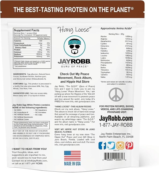 Jay Robb Chocolate Egg White Protein Powder, Low Carb, Keto, Vegetarian, Gluten Free, Lactose Free, No Sugar Added, No Fat, No Soy, Nothing Artificial, Non-GMO, Best-Tasting (80 oz, Chocolate)