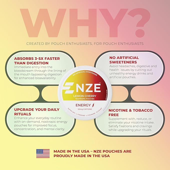 NZE Caffeine Nootropic Pouches (Lemon Cherry) - Nootropic Energy Pouches with 50mg Caffeine, Alpha GPC, L-Tyrosine & L-Theanine No Sugar or Artificial Sweeteners - 15 Nicotine Free Pouches A Can