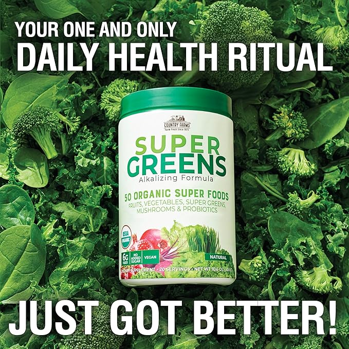 COUNTRY FARMS Super Greens Natural Flavor, 50 Organic Super Foods, USDA Organic Drink Mix, Fruits, Vegetables, Super Greens, Mushrooms & Probiotics, Supports Energy, 40 Servings, 10.6 Oz, 2 Pack