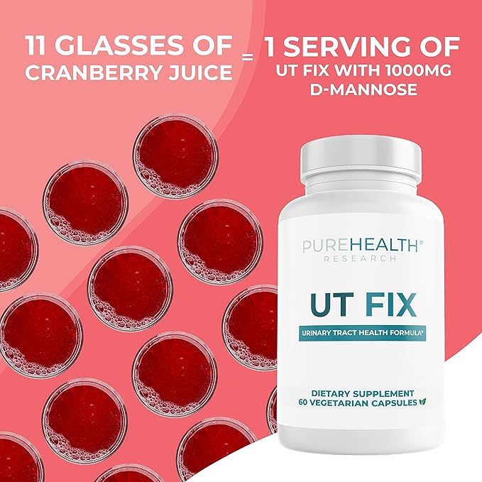 PUREHEALTH RESEARCH UTIFIX D Mannose with Cranberry Long-Term Supplement - D-Mannose for UTI 1000mg Capsules + 300mg Cranberry Extract + Propolis for Urinary Tract Health for Women and Men, 60 Count