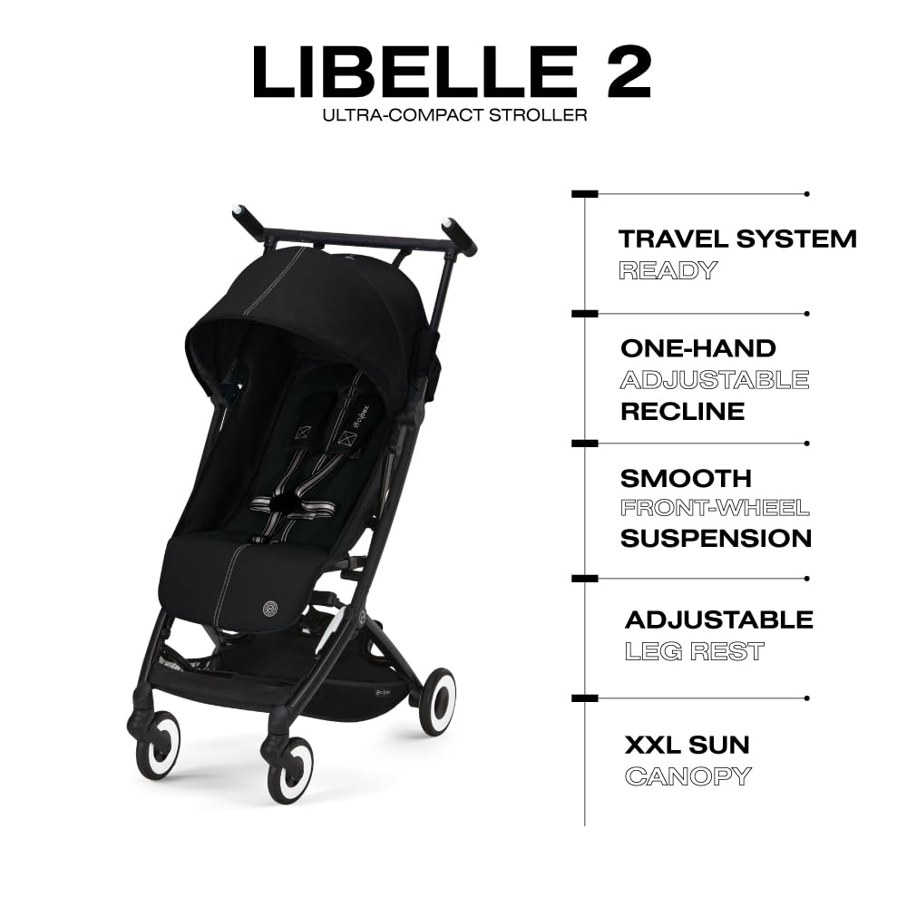 Cybex Libelle Lightweight pockit Travel Baby Stroller - Carry-On Compliant Compact Fold, One-Hand Adjustable Recline - Compatible with CYBEX Car Seats, Moon Black