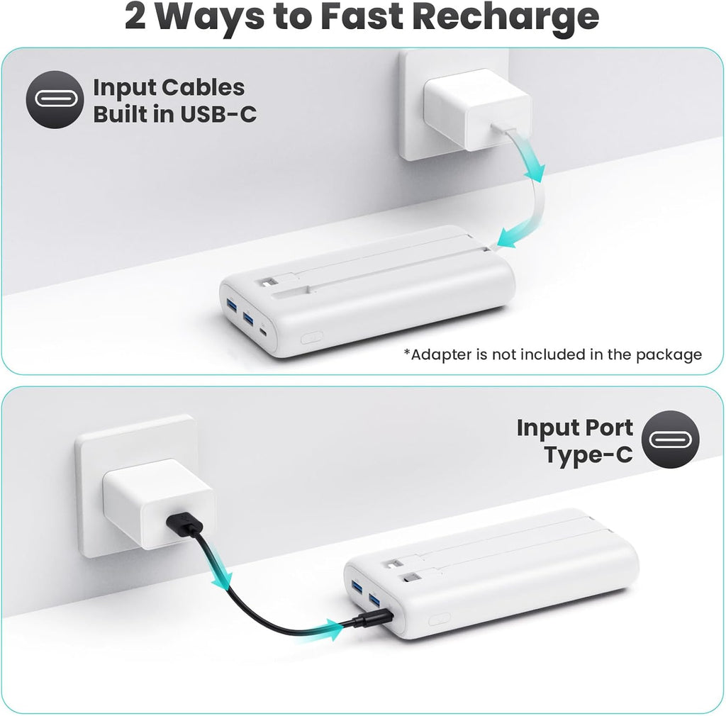 Portable Charger Power Bank 40,800mAh 25W Fast Charging USB C Portable Charger with 2 Built in Cables,5 Outputs & QC 4.0 Quick Phone Charging Battery Pack Compatible with iPhone 16/15/Android (White)