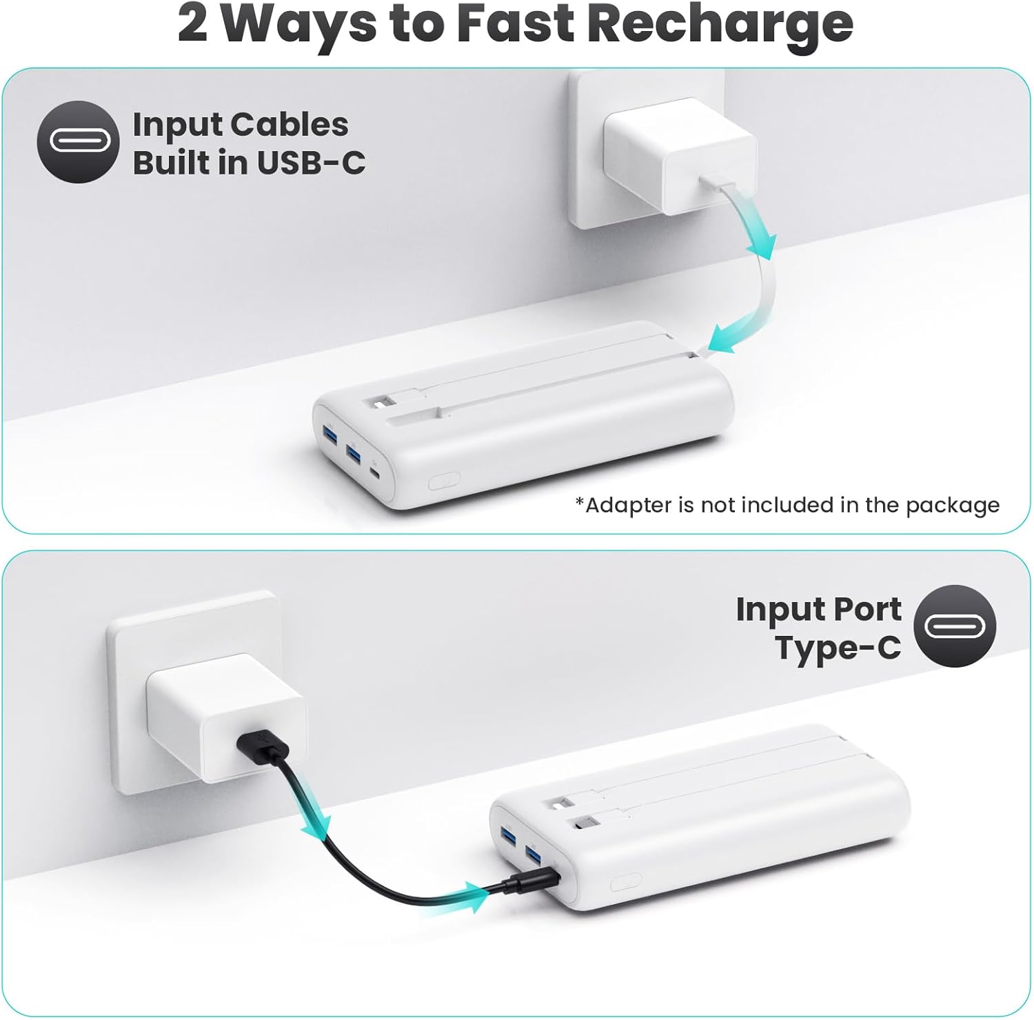 Portable Charger Power Bank 40,800mAh 25W Fast Charging USB C Portable Charger with 2 Built in Cables,5 Outputs & QC 4.0 Quick Phone Charging Battery Pack Compatible with iPhone 16/15/Android (White)