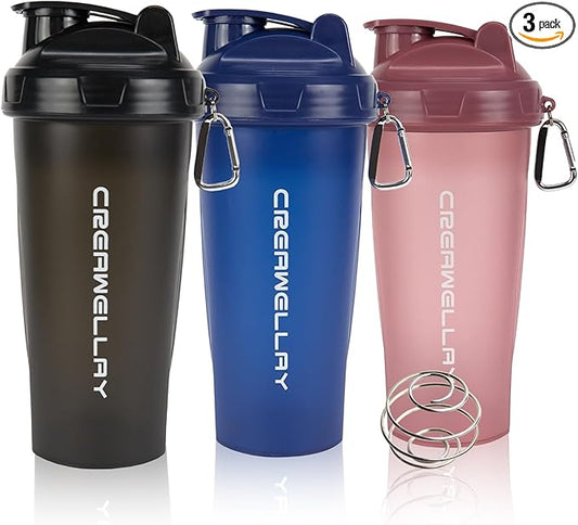 3 Pack Protein Shaker Bottle, 24 oz Protein Shaker Cup with Wire Shaker Ball for Pre Workout, Shake Bottle with Carrying Handle, BPA-Free & Dishwasher Safe (Black, Pink, Blue)