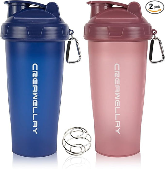 2 Pack Protein Shaker Bottle, 24 oz Protein Shaker Cup with Wire Shaker Ball for Pre Workout, Shake Bottle with Carrying Handle, BPA-Free & Dishwasher Safe (Blue, Pink)