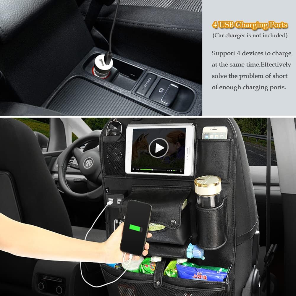 Car Backseat Organizer with Foldable Table Tray,Car Storage Organizer with Tablet Holder,Car Seat Back Protectors Kick Mats,Premium PU Leather Material,Compatible with Most Vehicles