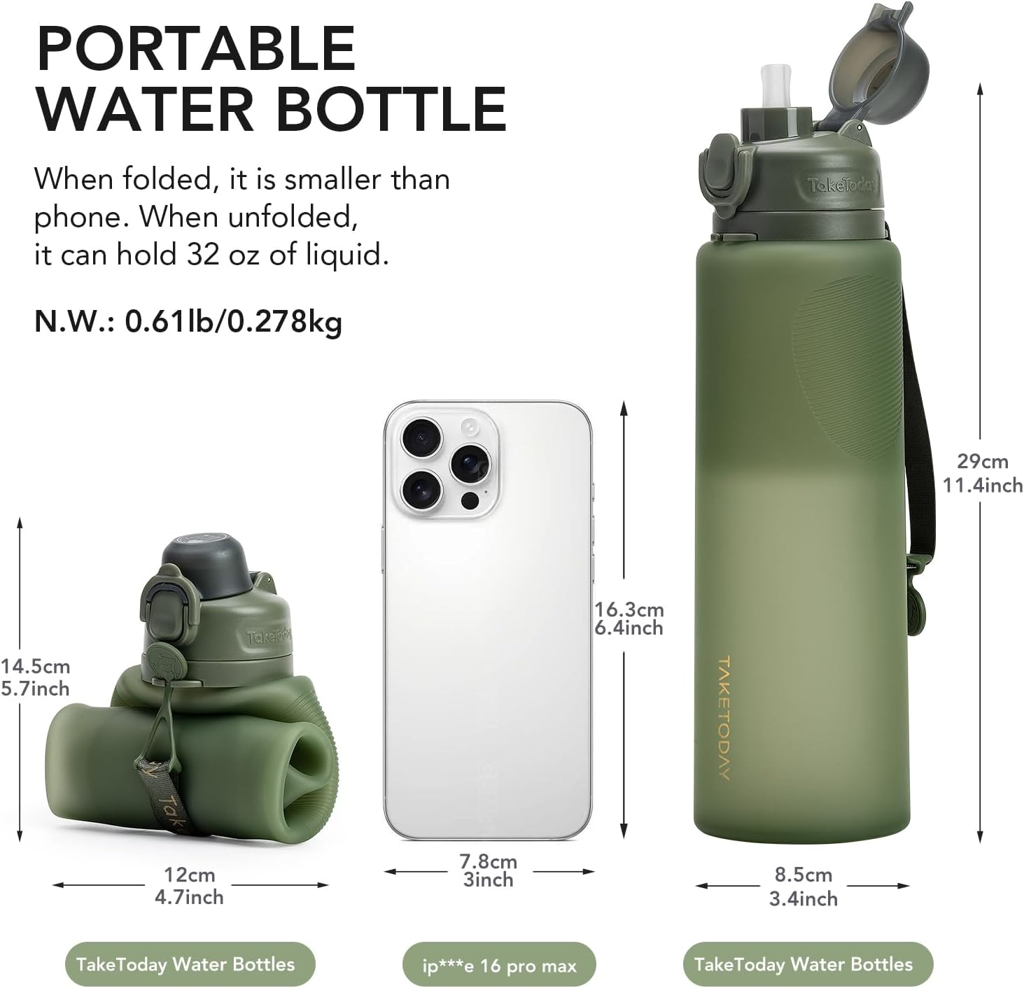 TakeToday Collapsible Water Bottles 32oz, Foldable Travel Water Bottle, BPA Free, Silicone Water Bottle Leakproof for Hiking, International Travel, Outdoors