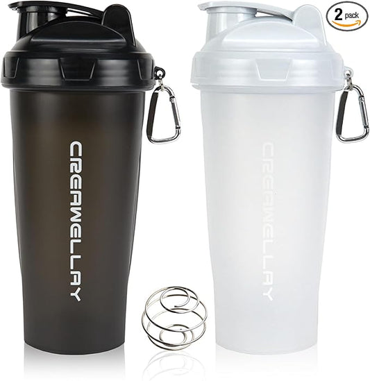 2 Pack Protein Shaker Bottle, 24 oz Protein Shaker Cup with Wire Shaker Ball for Pre Workout, Shake Bottle with Carrying Handle, BPA-Free & Dishwasher Safe (Black, White)