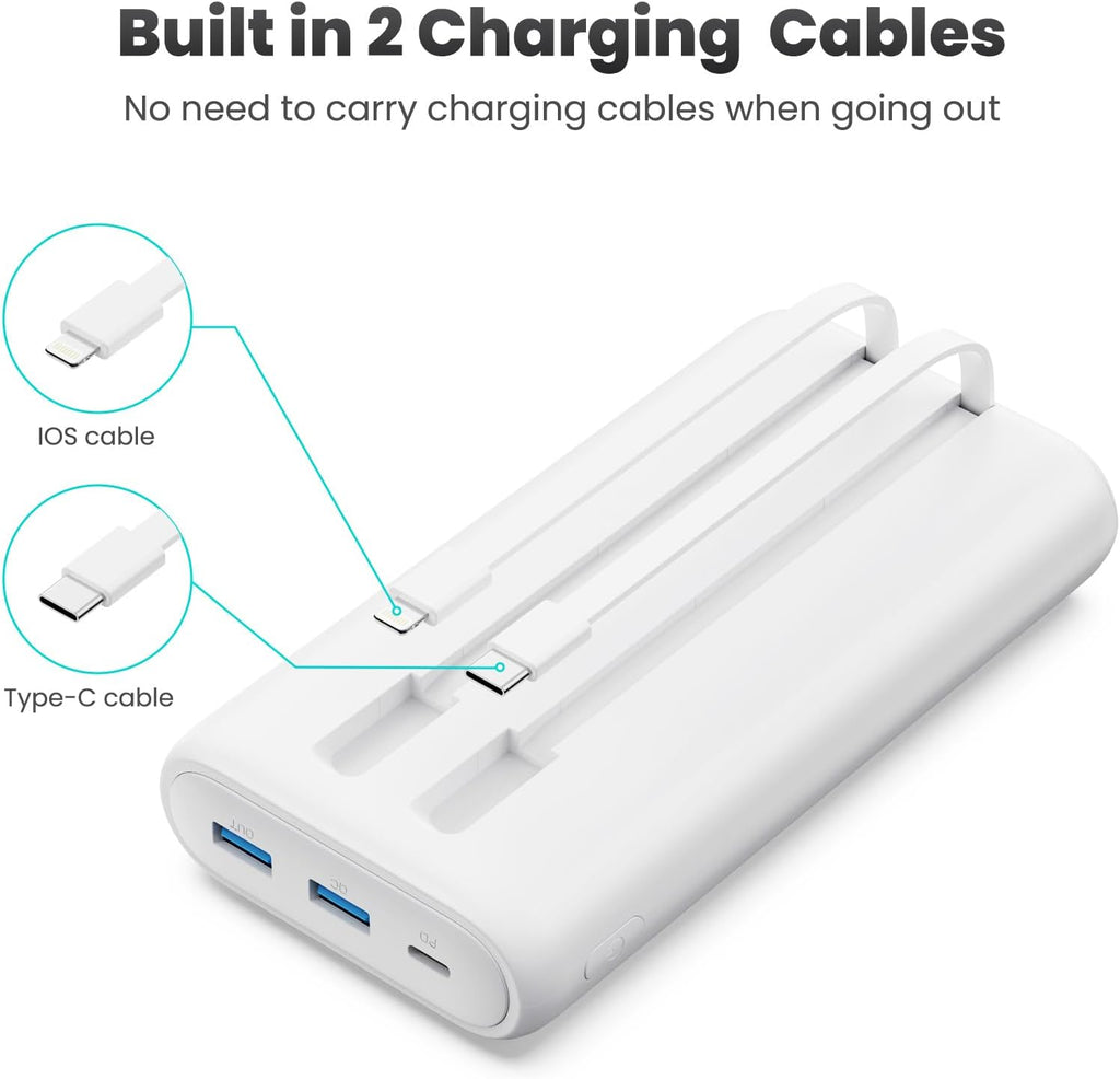 Portable Charger Power Bank 40,800mAh 25W Fast Charging USB C Portable Charger with 2 Built in Cables,5 Outputs & QC 4.0 Quick Phone Charging Battery Pack Compatible with iPhone 16/15/Android (White)