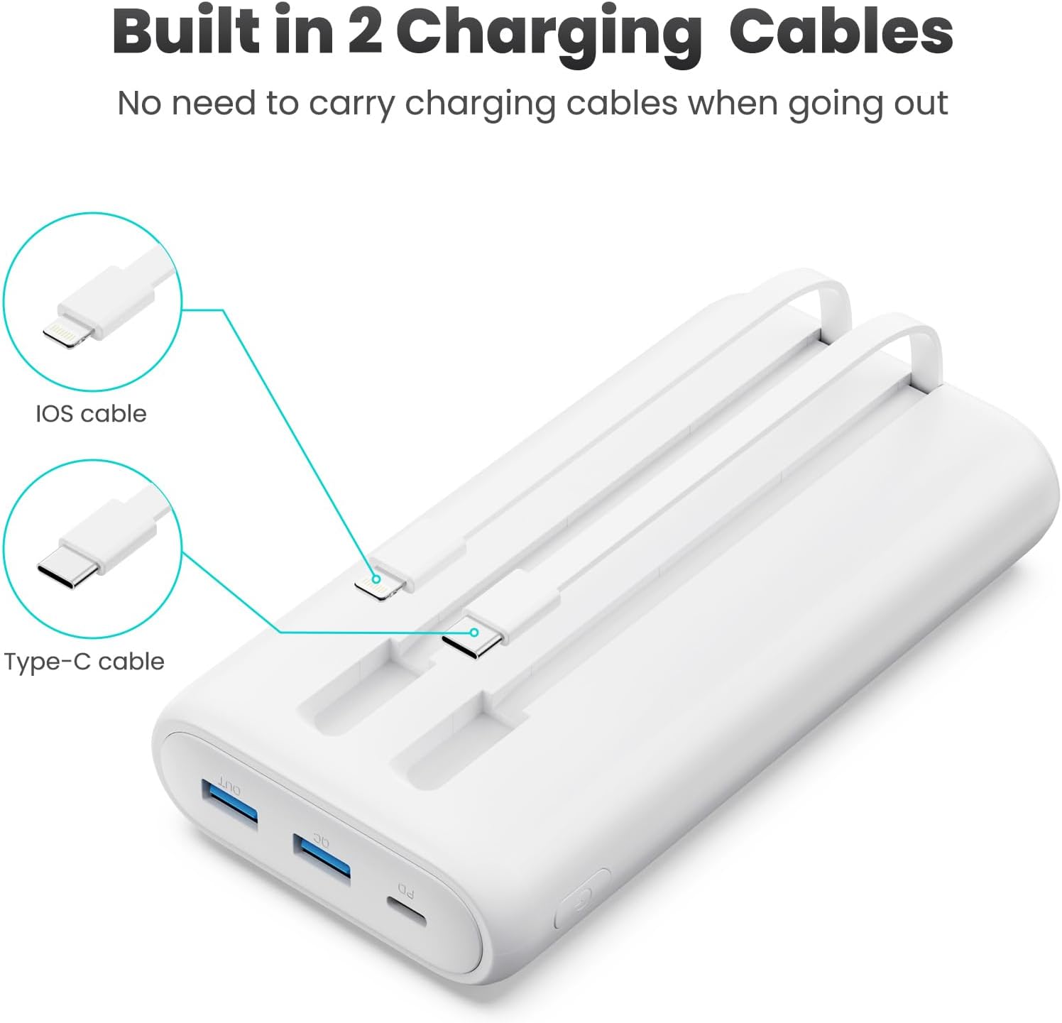 Portable Charger Power Bank 40,800mAh 25W Fast Charging USB C Portable Charger with 2 Built in Cables,5 Outputs & QC 4.0 Quick Phone Charging Battery Pack Compatible with iPhone 16/15/Android (White)