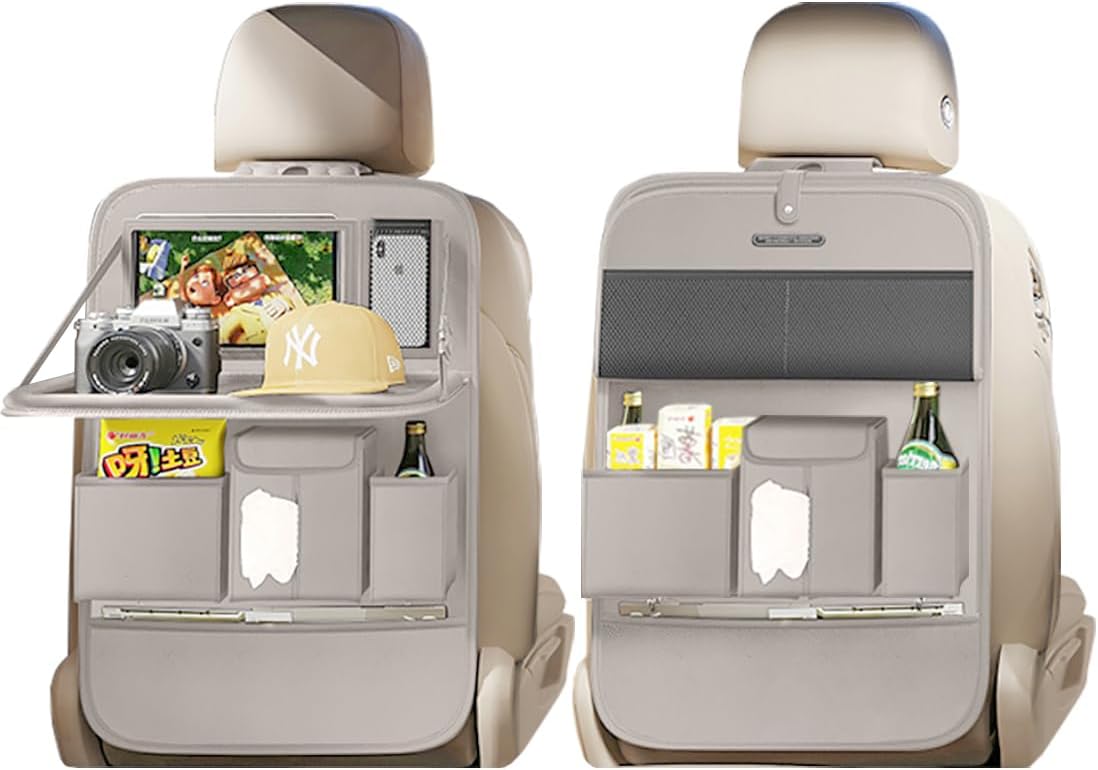 Car Seat Organizers,Multi-functional Back Seat Protectors, Storage Pouches, and Tray Holders (for Cars, Kids, Seat Back and Rear Seats) (Plain Gray, 2 Pcs)