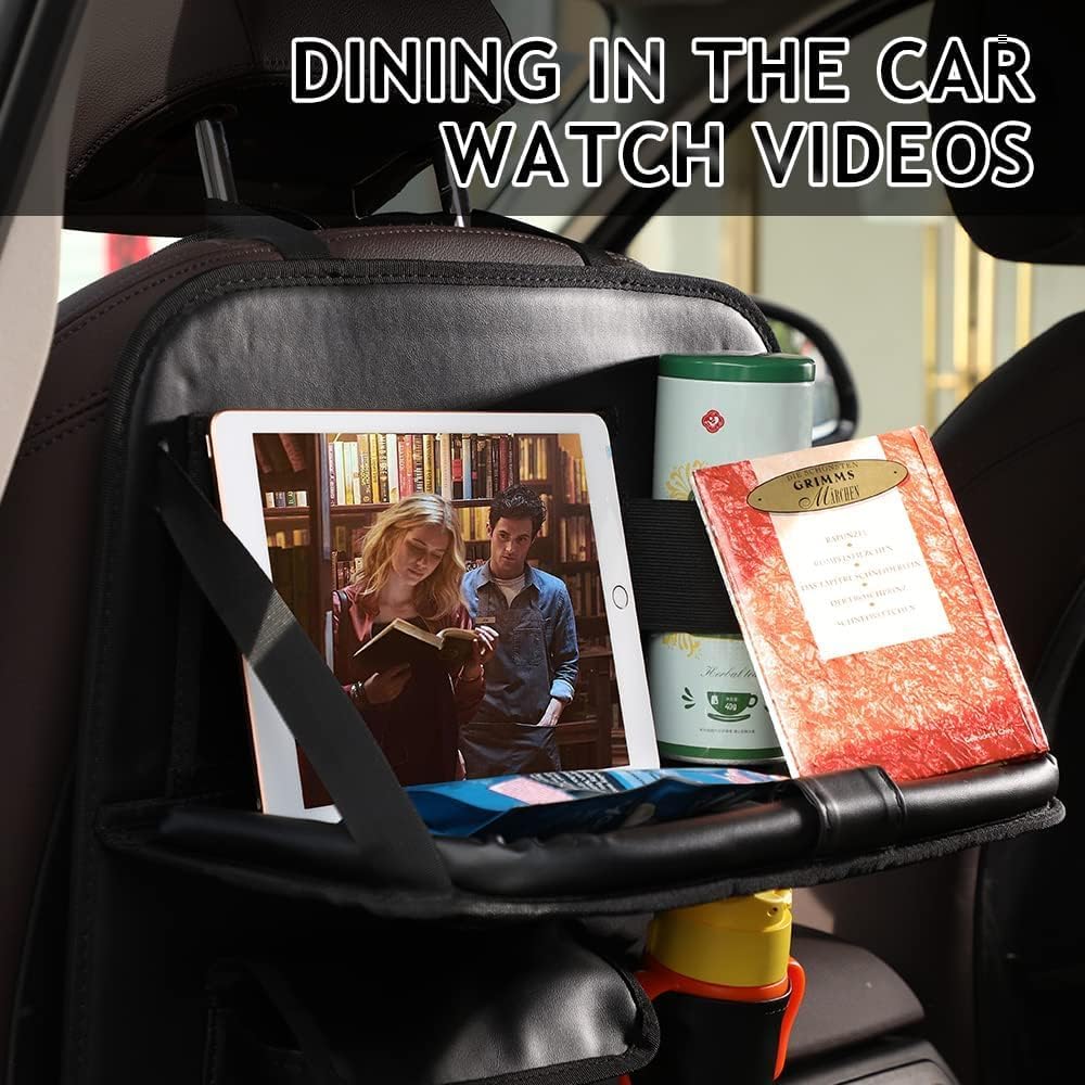 Leather Car Backseat Organizer with Tablet Holder - 9 Large Storage Pockets, Foldable Food Tray & Anti-Scratch Kick Mats - Universal Car Seat Protector for Kids, Pets & Travel Accessories 1 Pack