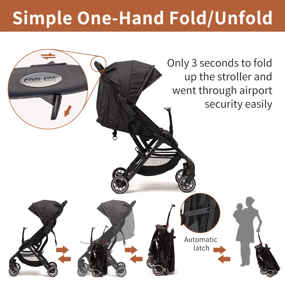 COOL KIDS Portable Stroller with Automatic Fold，Lightweight Umbrella Stroller with Pop Out Sun Canopy，Compact Strollers for Travel(Black)