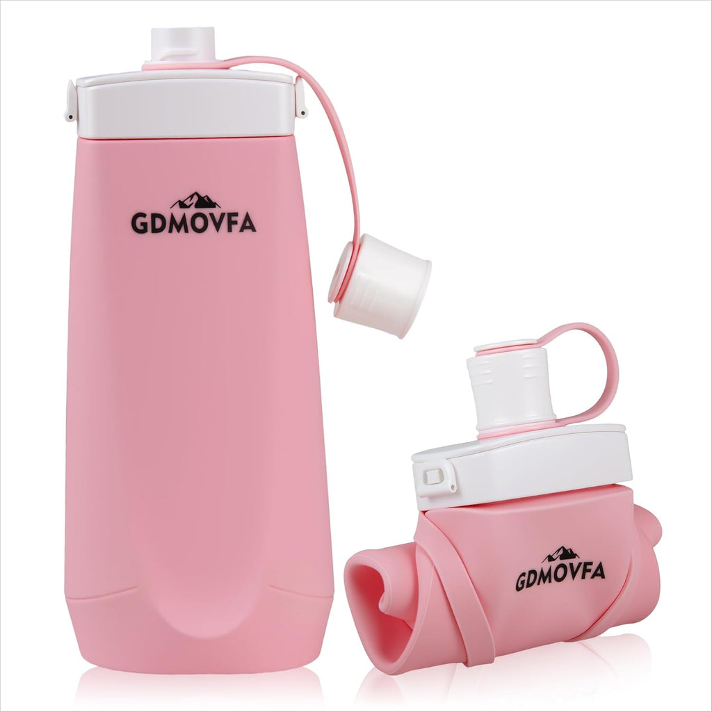 Collapsible Water Bottles,20oz Reusable Silicone Foldable Water Bottle,Portable Leak-proof Travel Water Bottle for Traveling Camping Hiking Cycling Yoga Sports Outdoor (Pink)