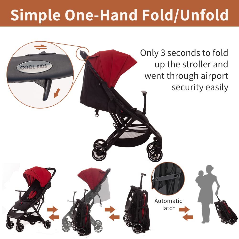 COOL KIDS Portable Stroller with Automatic Fold，Lightweight Umbrella Stroller with Pop Out Sun Canopy，Compact Stroller for Travel(red)