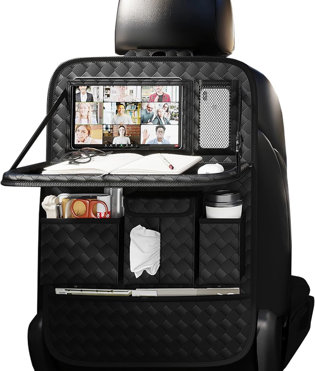 Car Seat Organizers,Multi-functional Back Seat Protectors, Storage Pouches, and Tray Holders (for Cars, Kids, Seat Back and Rear Seats) (Woven Black, 1 Pcs)