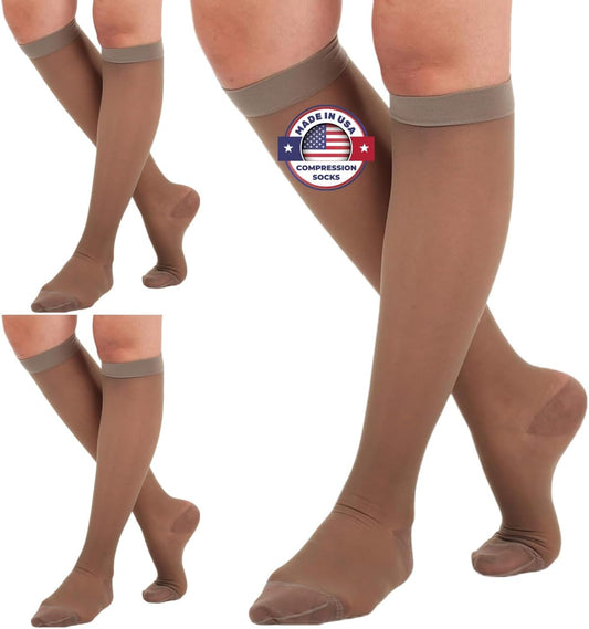 (3 Pairs - Closed Toe) Made in USA - Compression Stockings for Women 15-20mmHg - Sheer Compression Socks for Edema, Pregnancy, Diabetic, Post Surgery Recovery - Taupe, Small - A101T1-3
