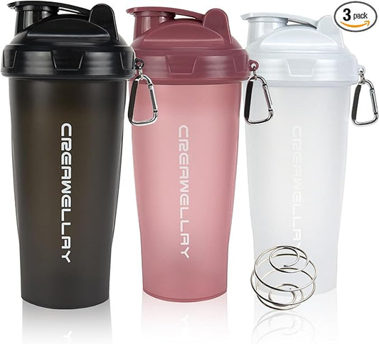 3 Pack Protein Shaker Bottle, 24 oz Protein Shaker Cup with Wire Shaker Ball for Pre Workout, Shake Bottle with Carrying Handle, BPA-Free & Dishwasher Safe (Black, White, Pink)