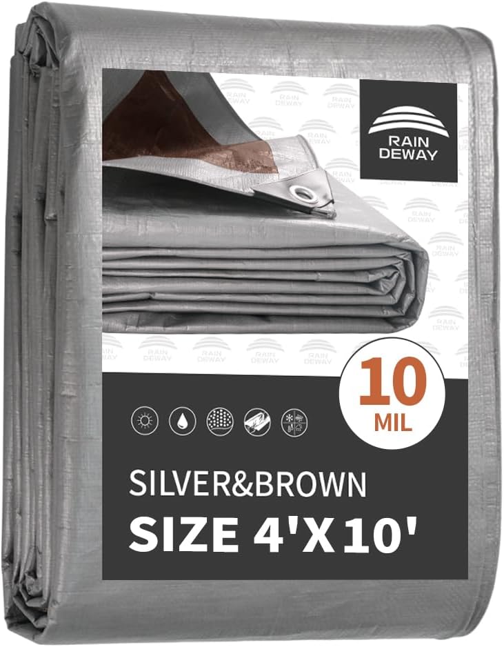 RAINDEWAY Small Tarps Heavy Duty Waterproof 4x10 Feet, 10Mil Multipurpose Poly Mini Tarp Cover with Metal Grommets, Camping Tarpaulin Silver/Brown Tarp Finished Size
