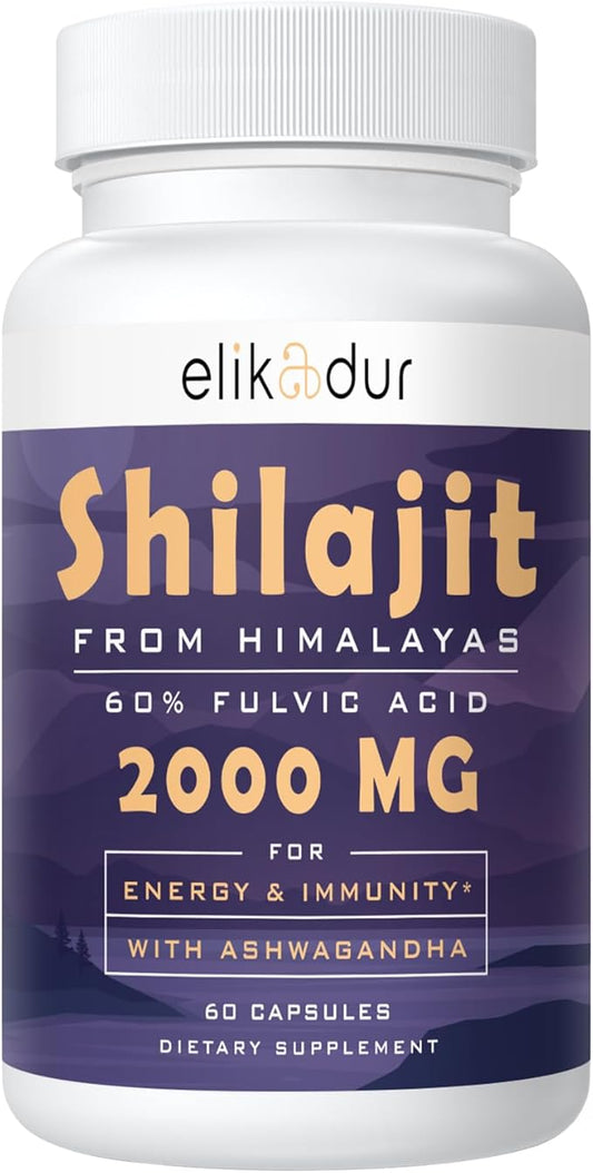 2000 MG Shilajit Supplement, Shilajit Resin Organic, Shilajit Capsules, 100% Pure Shilajit with 85+ Trace Minerals & 60% Fulvic Acid, Boost Energy & Immunity, Vegetarian, Natural, 60 Capsules
