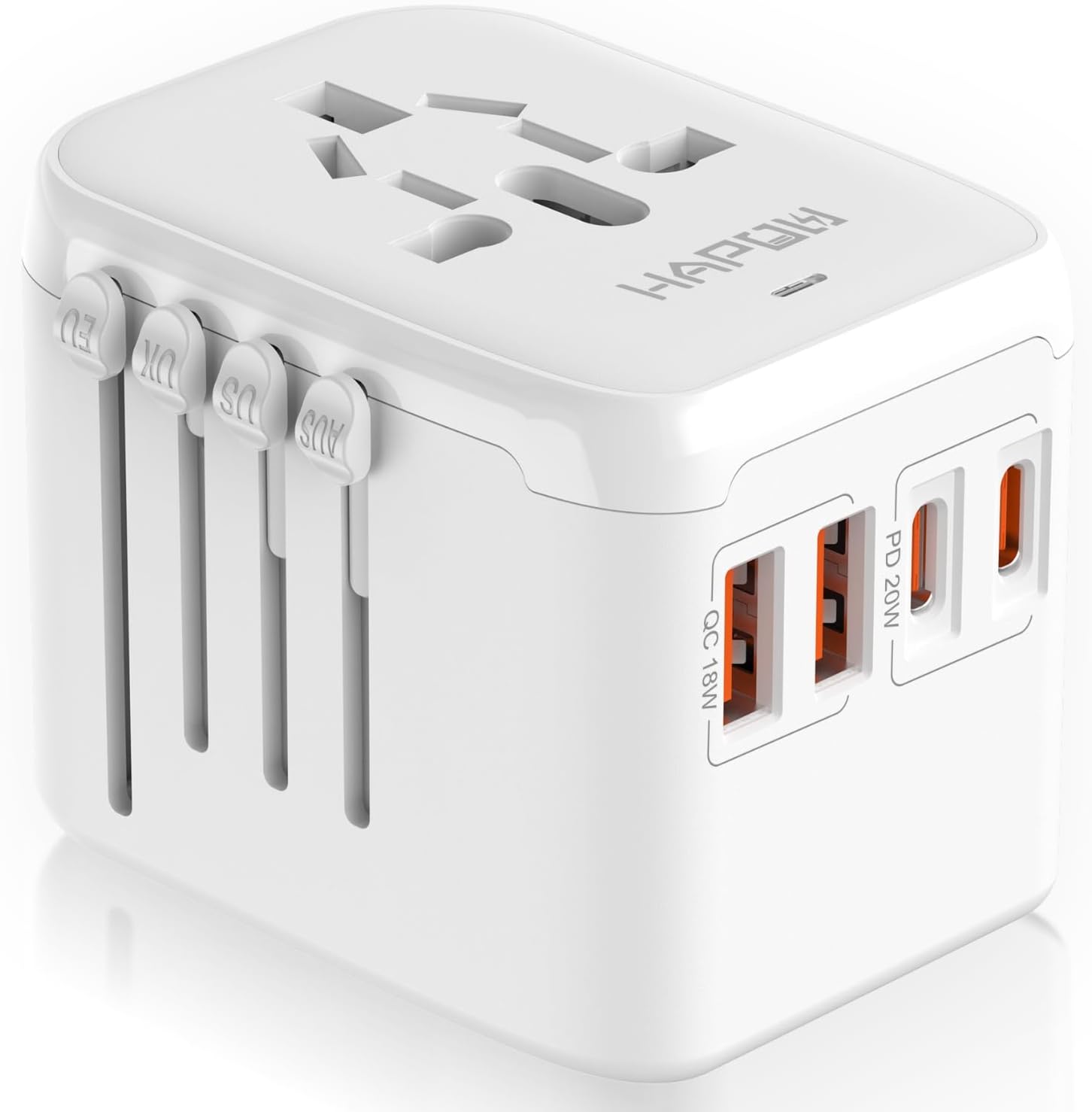 Universal Travel Adapter, PD20W International Power Adapter, 2 USB-C & 2 USB-A Fast Charging Travel Charger, All in One Worldwide Travel Plug Adapter, Outlet Adapter for EU UK USA AU, White