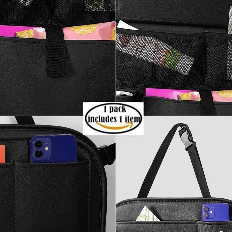 Leather Car Backseat Organizer with Tablet Holder - 9 Large Storage Pockets, Foldable Food Tray & Anti-Scratch Kick Mats - Universal Car Seat Protector for Kids, Pets & Travel Accessories 1 Pack