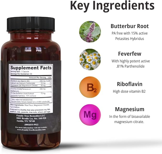 Preventa Migraine Relief Supplement – PA-Free Butterbur, Magnesium, Riboflavin, Feverfew – Daily Headache Prevention – 60 Capsules-VitarraWellness