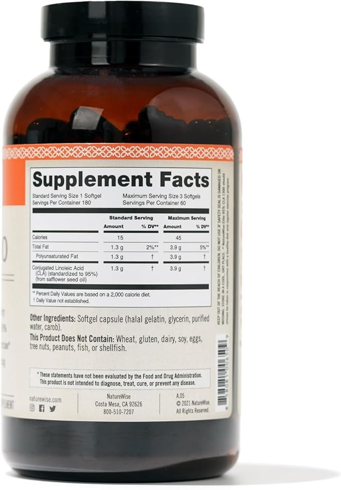 NatureWise CLA 1300 - 95% Active Conjugated Linoleic Acid for Women and Men, Not Stimulating, Supports Weight & Fitness Goals - Non-GMO, Gluten Free - 180 Softgels[2-Month Supply]-VitarraWellness
