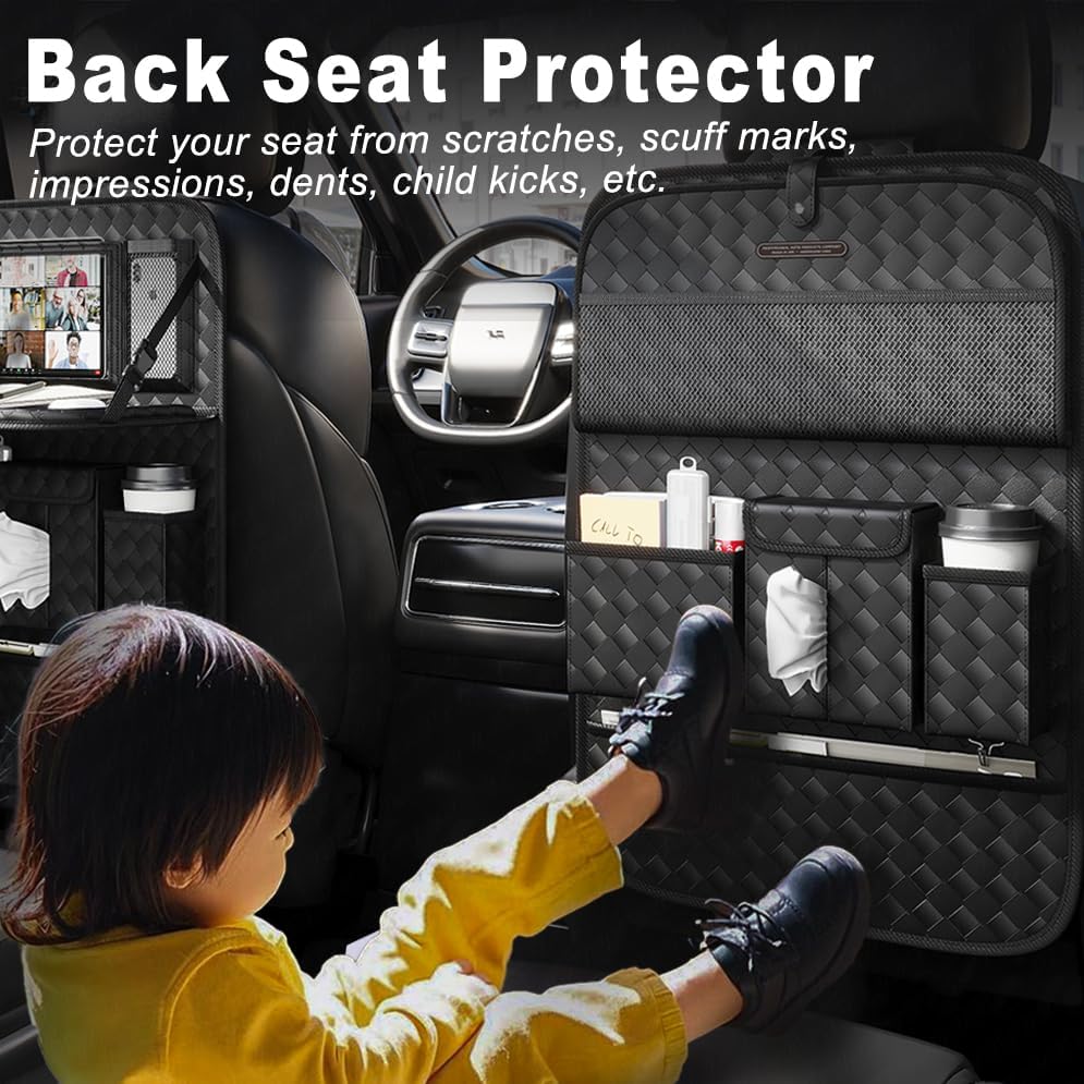 Car Seat Organizers,Multi-functional Back Seat Protectors, Storage Pouches, and Tray Holders (for Cars, Kids, Seat Back and Rear Seats) (Woven Black, 1 Pcs)