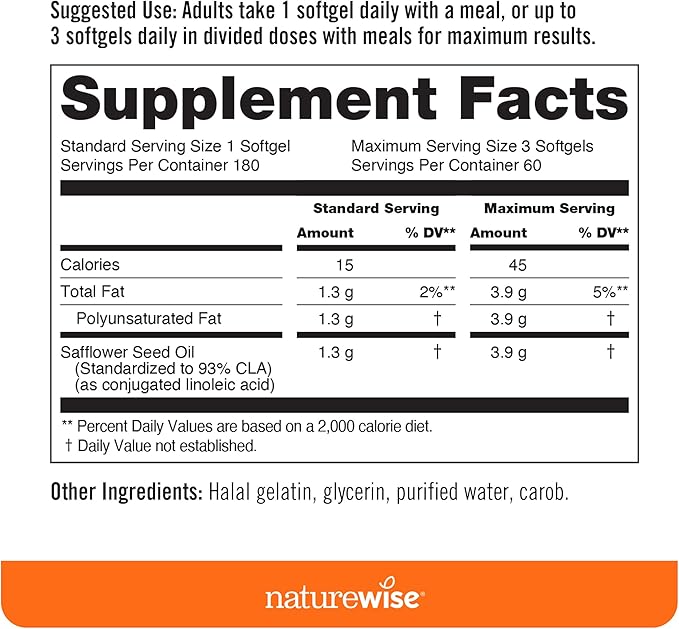 NatureWise CLA 1300 - 95% Active Conjugated Linoleic Acid for Women and Men, Not Stimulating, Supports Weight & Fitness Goals - Non-GMO, Gluten Free - 180 Softgels[2-Month Supply]-VitarraWellness
