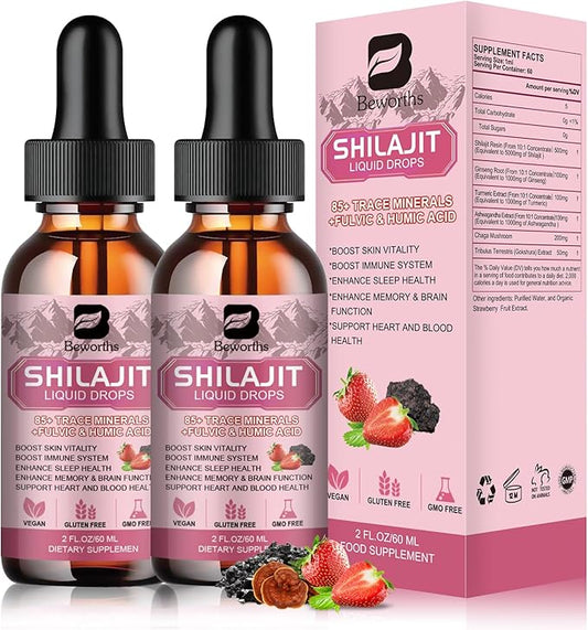 2Pack Shilajit Resin Liquid Drops | Pure Shilajit for Men Women with Ashwagandha, Turmeric, Ginseng, Chaga | 85+ Trace Minerals & Fulvic Acid Shilajit Complex | Boost Immunity & Energy - Non-GMO