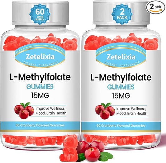 2 Pack L-Methylfolate 15mg Gummies, Methylated Multivitamin with Methylated B12, Active 5-MTHF Form, Supports MTHFR Mutation, Methylation, Mood & Cognition, Vegan, Cranberry Flavor, 120 Cts