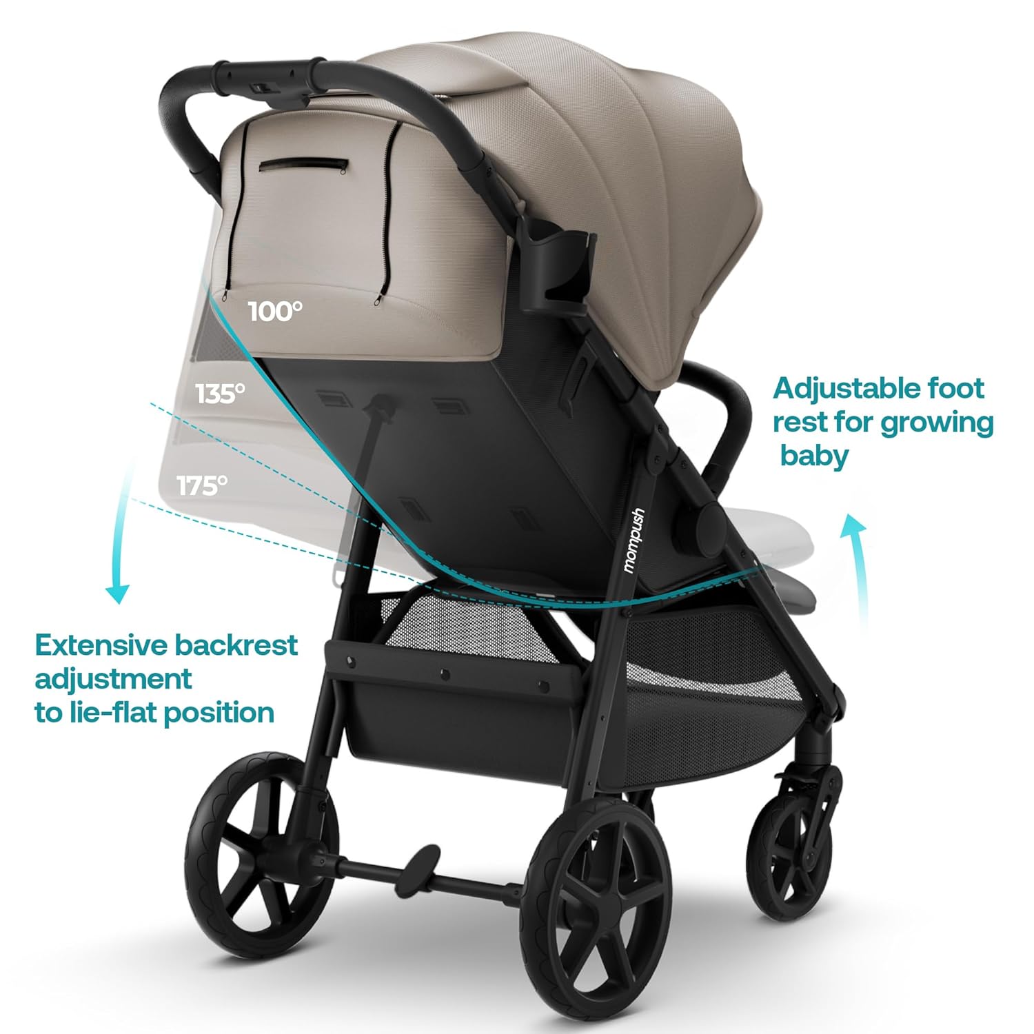Mompush Nova Baby Stroller for Toddler, Infant & Newborn | Spacious Seat & Lie-Flat Mode | Compact One-Hand Fold, UPF 50+ Canopy & All-Wheel Suspension | Includes Rain Cover & Cup Holder, Khaki