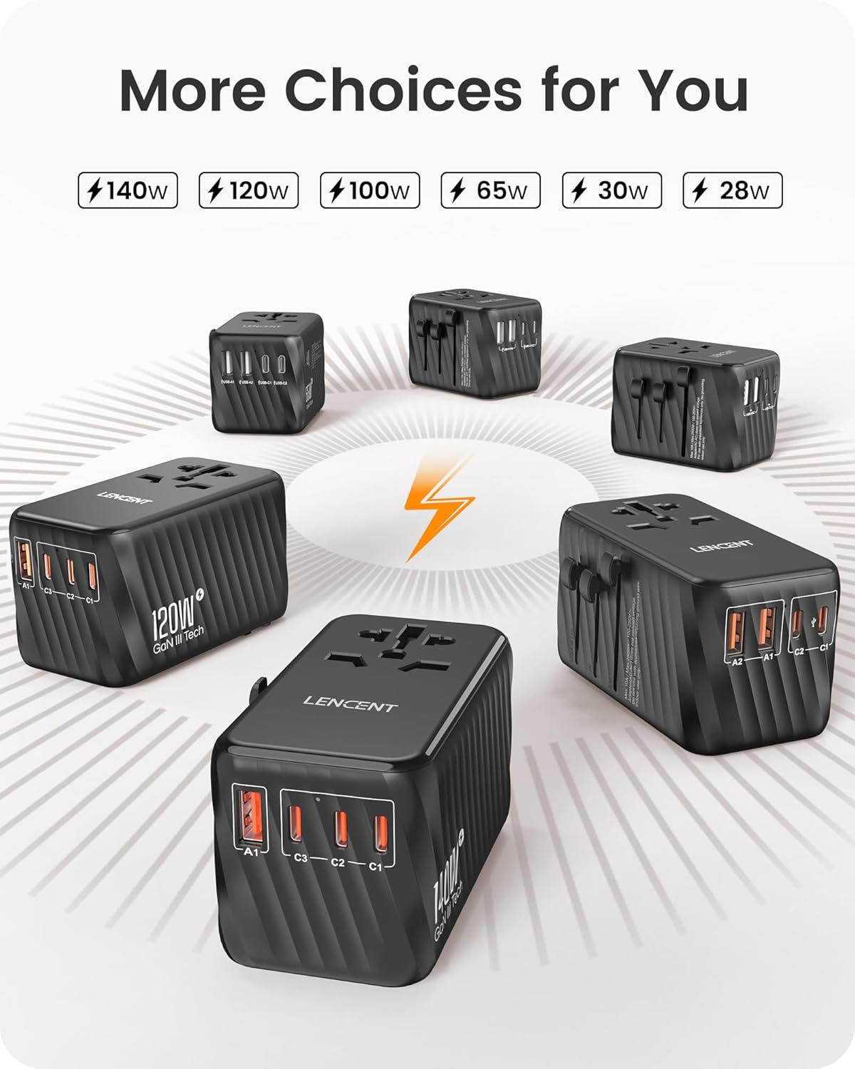 LENCENT Universal Travel Power Adapter, International AC Plug Adaptor with 5.6A 3 USB C 2 USB A Ports Wall Charger Worldwide Travel Essentials for US to EU UK Ireland Australia (Type C/G/A/I) Black