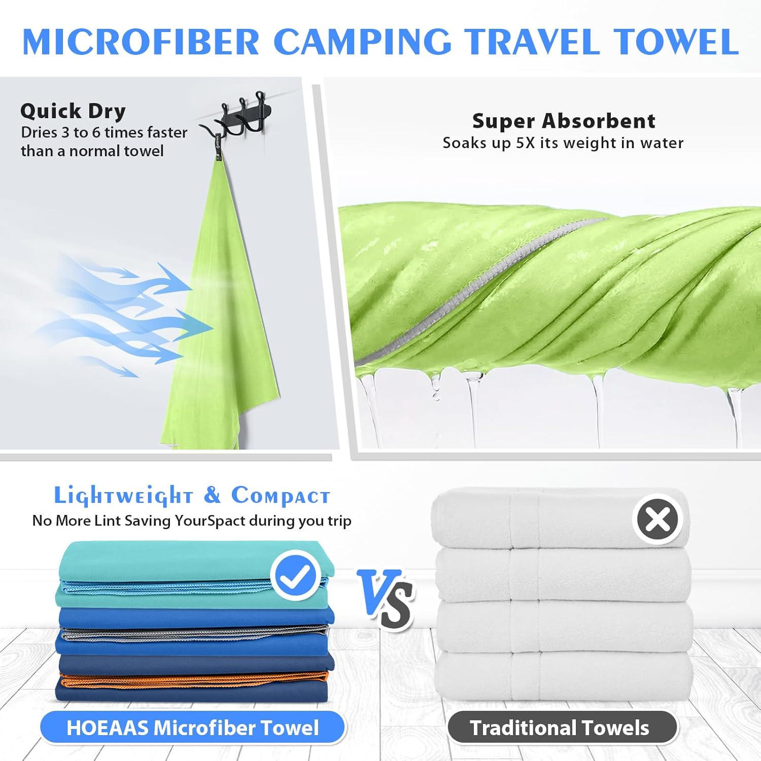 HOEAAS 2 Pack Microfiber Camping Towels, Quick Dry Towel, Super Absorbent Ultra Compact Travel Towel Soft Lightweight Sports Towel for Sweat Fast Drying Towels for Pool,Gym,Hiking,Backpacking,Fitness