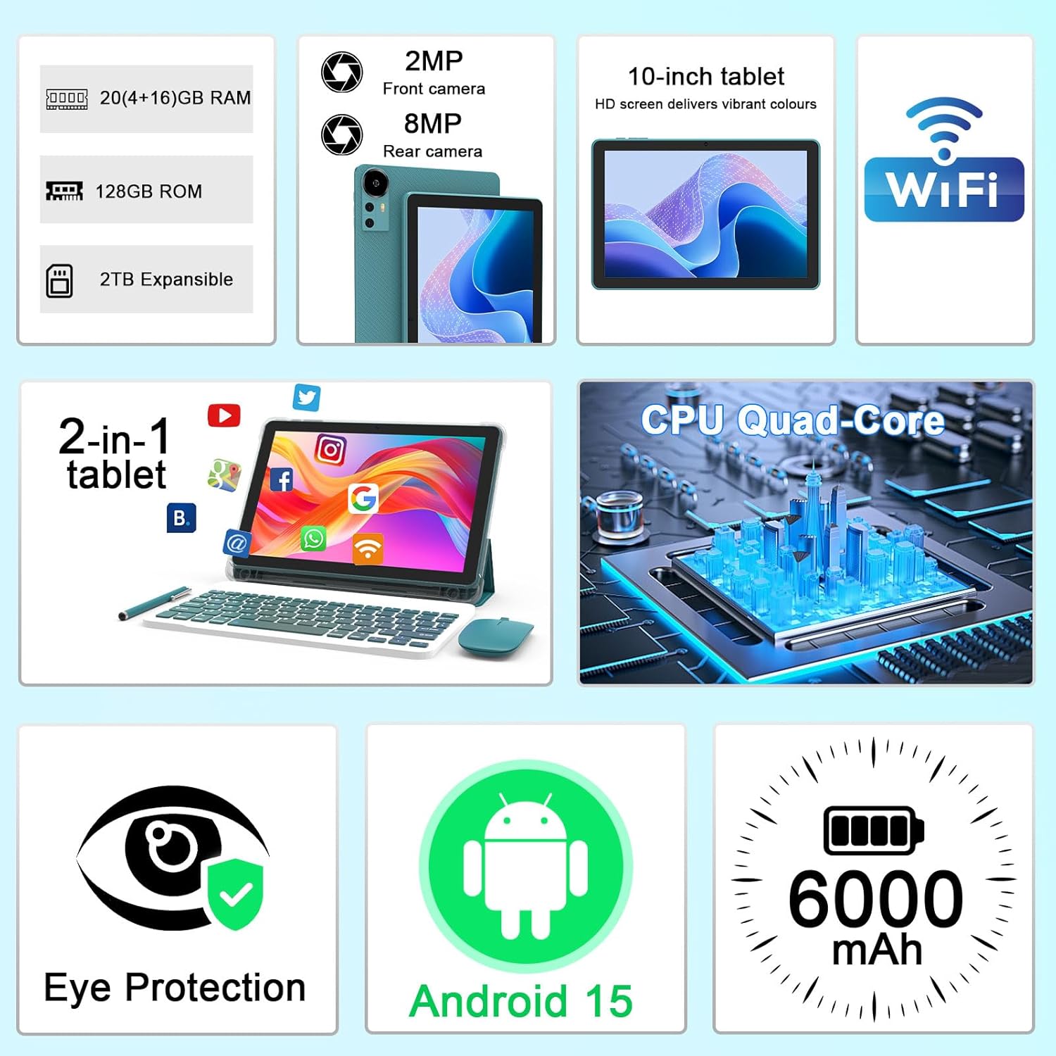 Android 15 Tablet 10 Inch, 20GB RAM+128GB ROM/ 2TB Expandable, 2.0GHz Quad-core Processor, 1280*800 IPS HD Screen, 5G WiFi 6 BT 5.0, 2 in 1 Tablets with Keyboard Case Mouse Stylus, Widevine L1