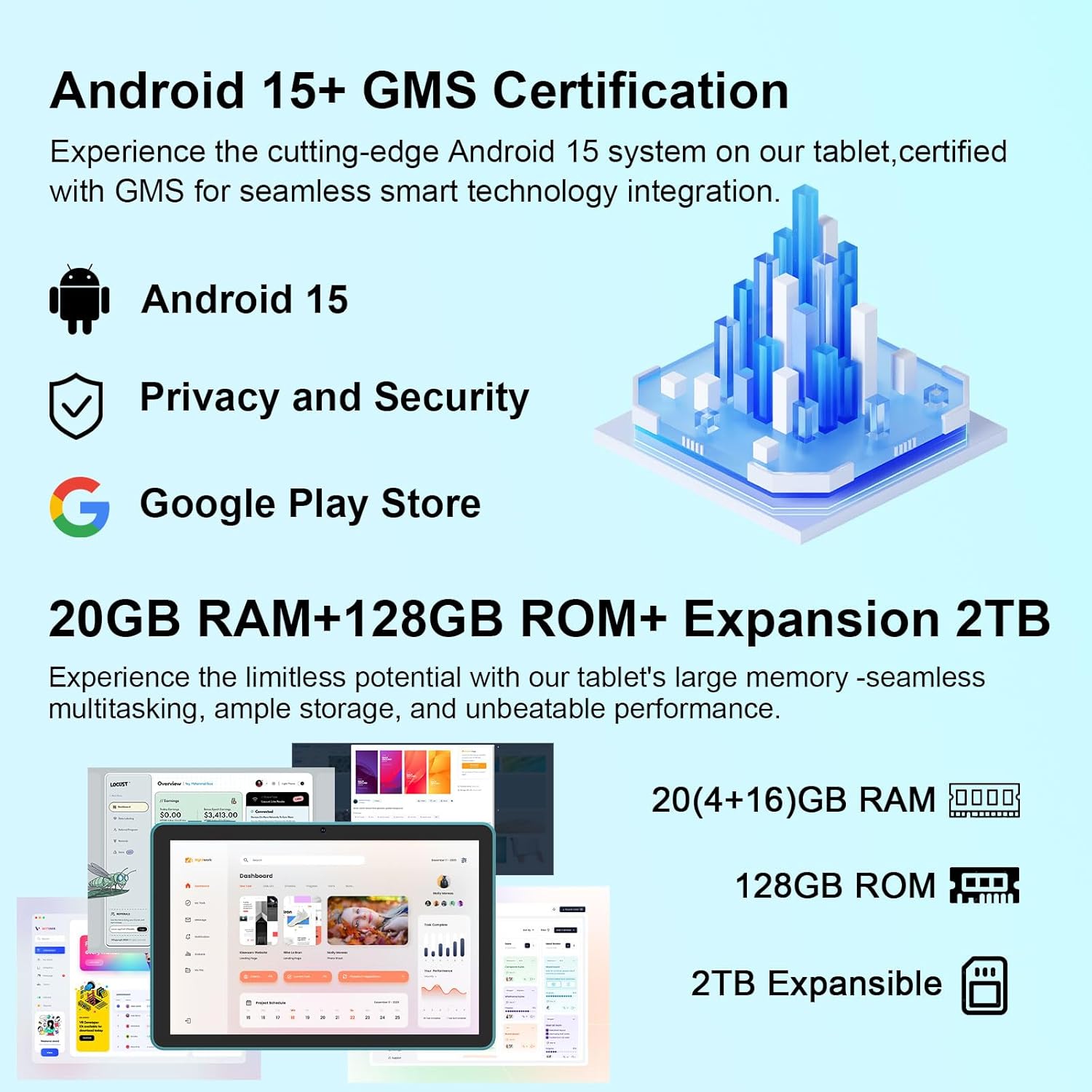 Android 15 Tablet 10 Inch, 20GB RAM+128GB ROM/ 2TB Expandable, 2.0GHz Quad-core Processor, 1280*800 IPS HD Screen, 5G WiFi 6 BT 5.0, 2 in 1 Tablets with Keyboard Case Mouse Stylus, Widevine L1