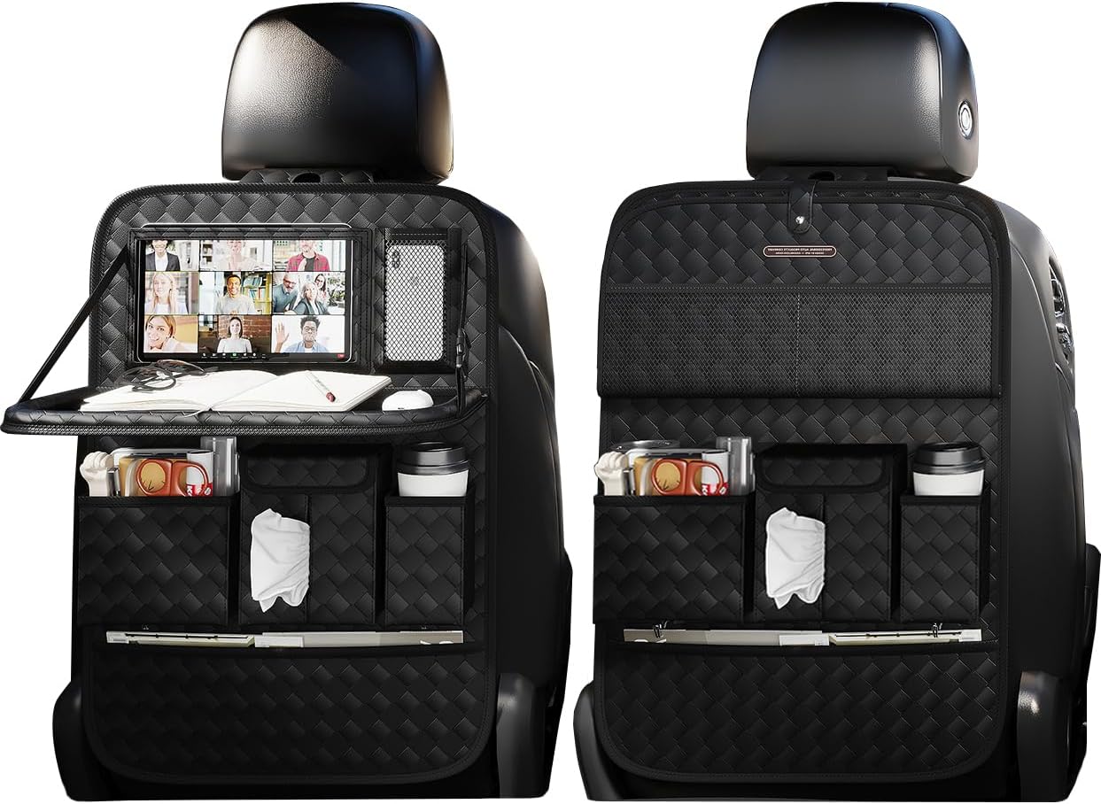 Car Seat Organizers,Multi-functional Back Seat Protectors, Storage Pouches, and Tray Holders (for Cars, Kids, Seat Back and Rear Seats) (Woven Black, 2 Pcs)
