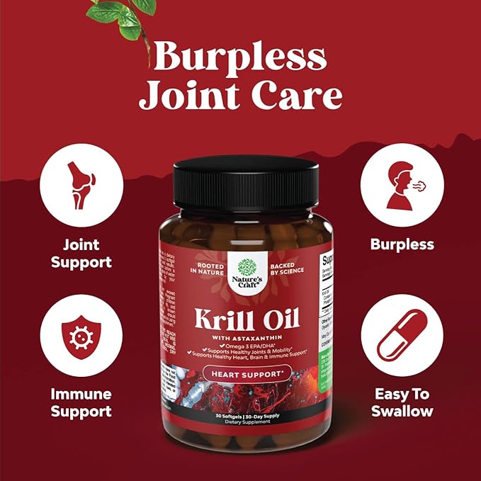 Krill Omega 3 Fish Oil Softgels 500mg - Concentrated Krill EPA & DHA Fish Oil Omega 3 Supplement for Women & Men for Immune Support, Brain & Heart Health - Burpless Fatty Acids Supplement - 30 Count