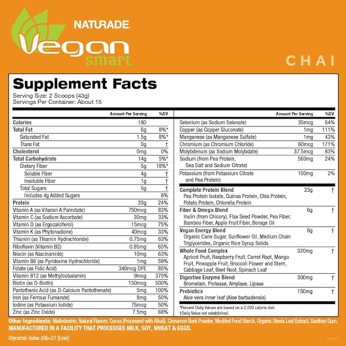 Vegansmart Naturade Plant Based Vegan Protein Powder - All-in-One Nutritional Shake Protein Blend - Gluten Free & Non-GMO - Chai (15 Servings)